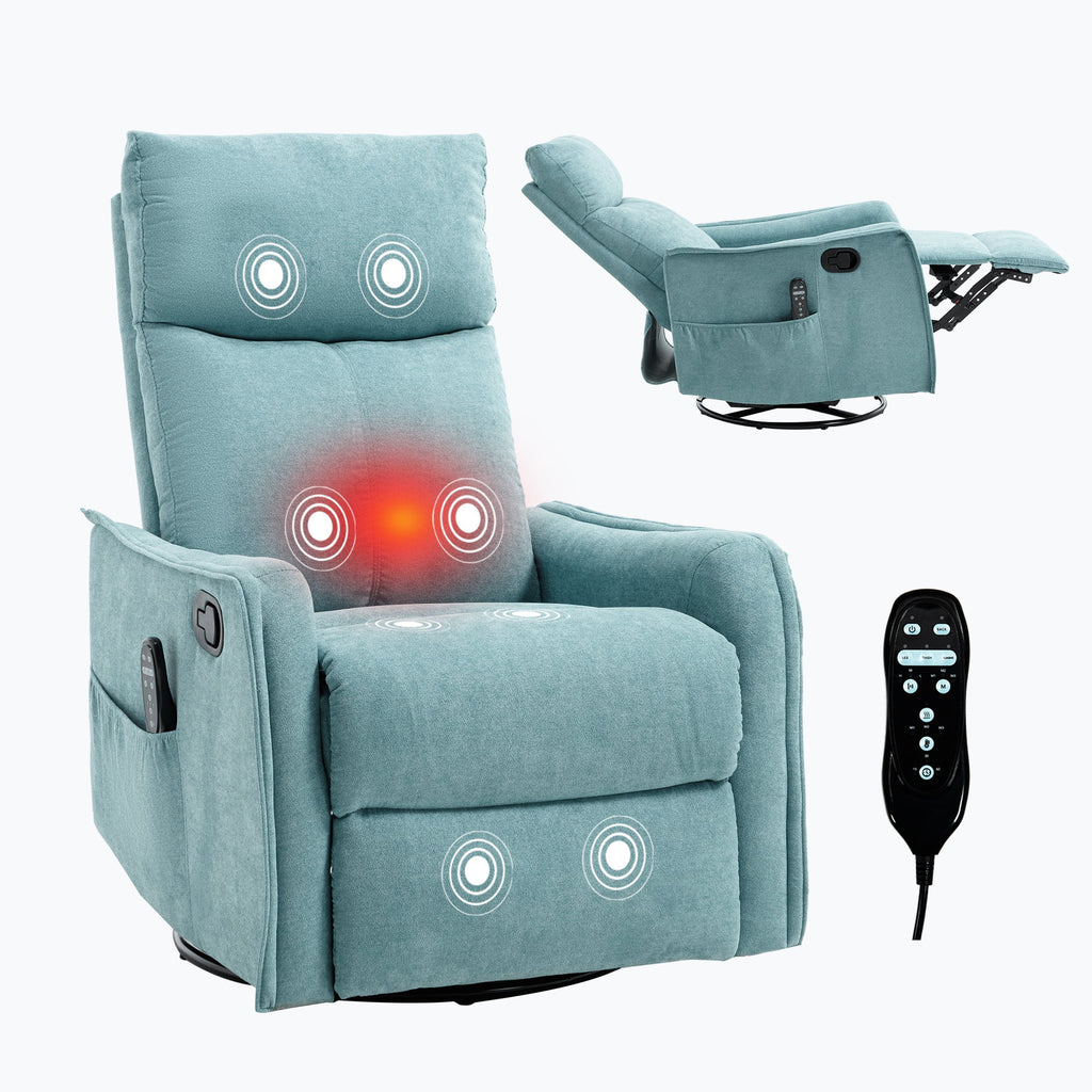 Heat Massage Manual Recliner Chair with Rocker and Swivel in Fabric for Living Room, Blue-Green