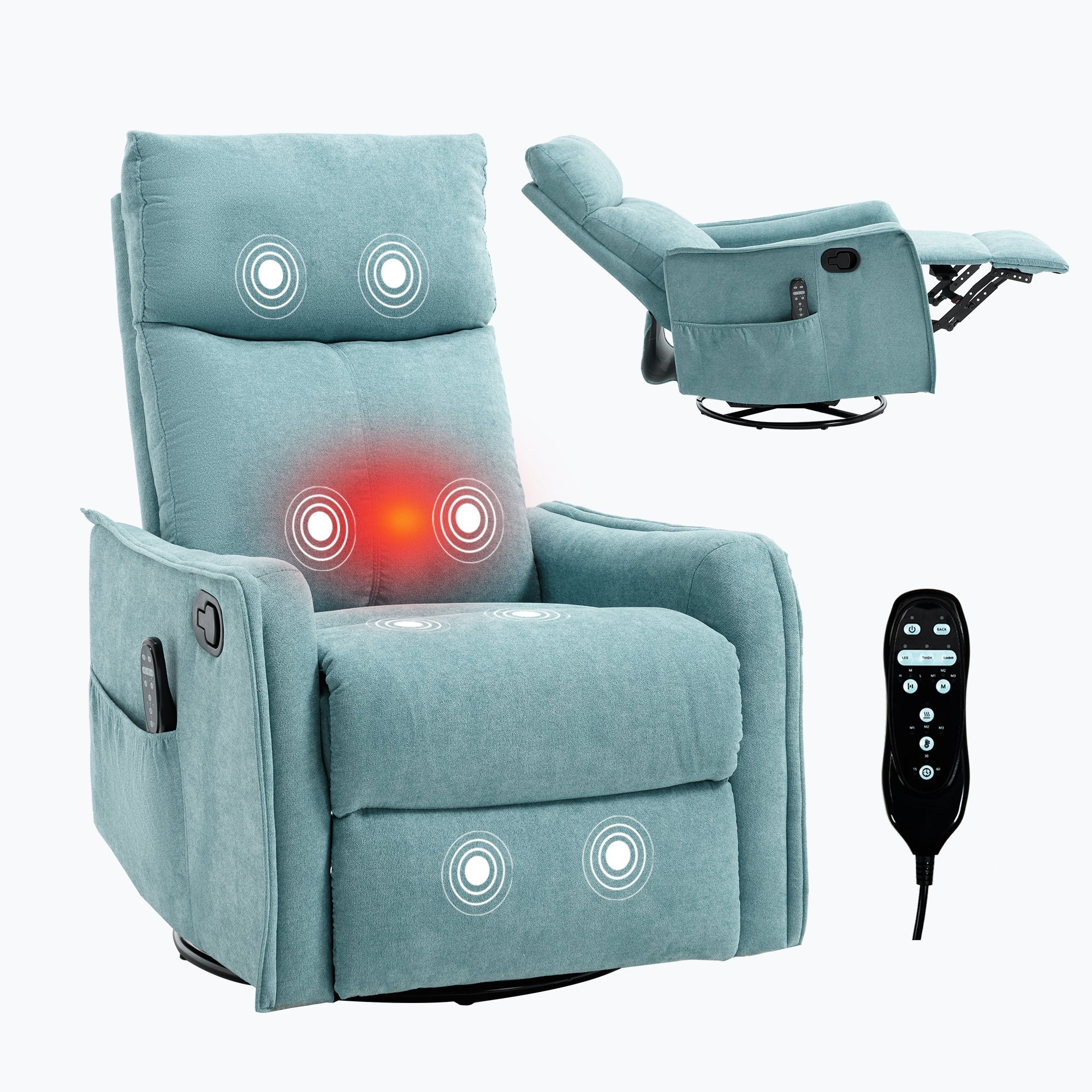 Heat Massage Manual Recliner Chair with Rocker and Swivel in Fabric for Living Room, Blue-Green