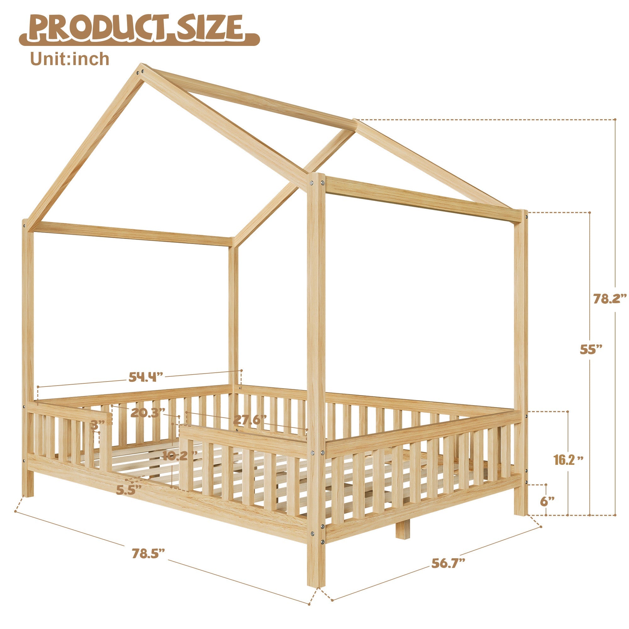 Montessori Floor Bed with Canopy, Full Bed Frame for Kids, House Shape Kids Bed Frame with High Railings, Wood Kids Bed with Roof, Kid Full Bed, Natural