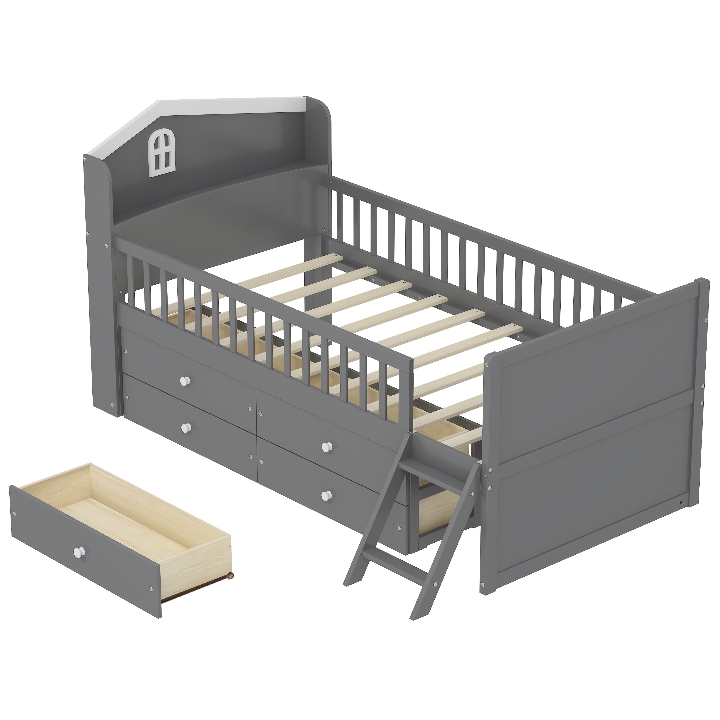 Twin Bed Frame with Storage 4 Drawers,Wooden Bed Frame for Kids,Platform Twin Size Bed with Guardrail Headboard and Ladder, No Box Spring Needed, Easy Assembly, Gray