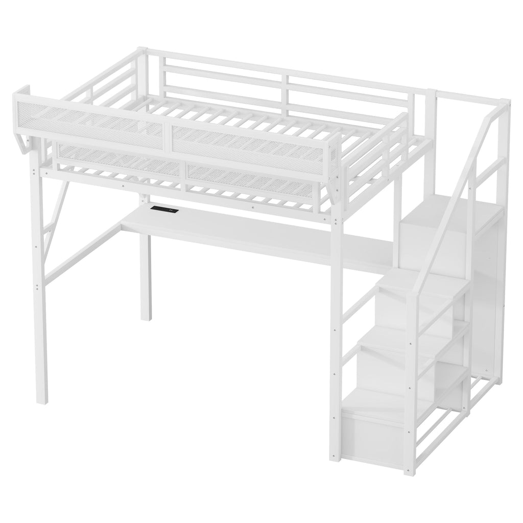 Full Loft Bed with Desk and Charging Station, Full Size Metal Loft Bed with Stairs and Light for Kids Teens,White OLD  SKU W2580S00046