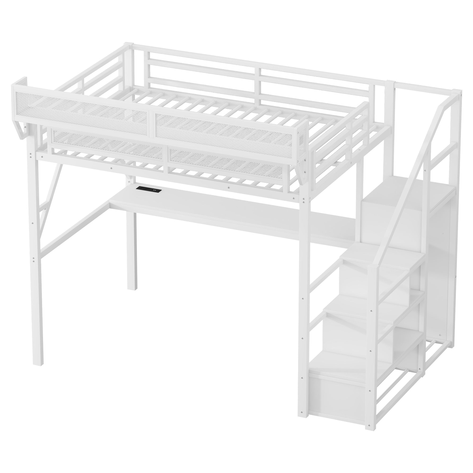 Full Loft Bed with Desk and Charging Station, Full Size Metal Loft Bed with Stairs and Light for Kids Teens,White OLD  SKU W2580S00046