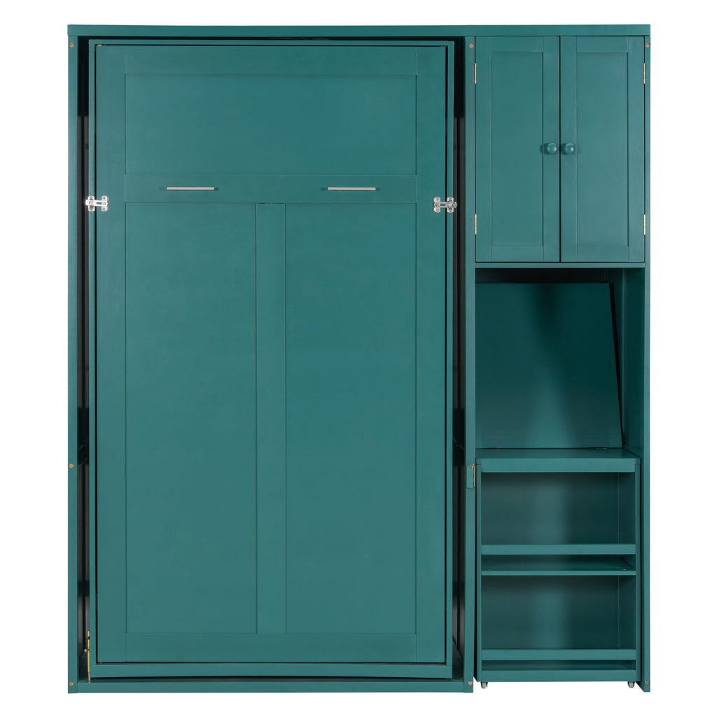 Twin Size Rotating Wall Murphy Beds with Bookshelf, Top Cabinet, Extendable Desk & Side Storage, Teal