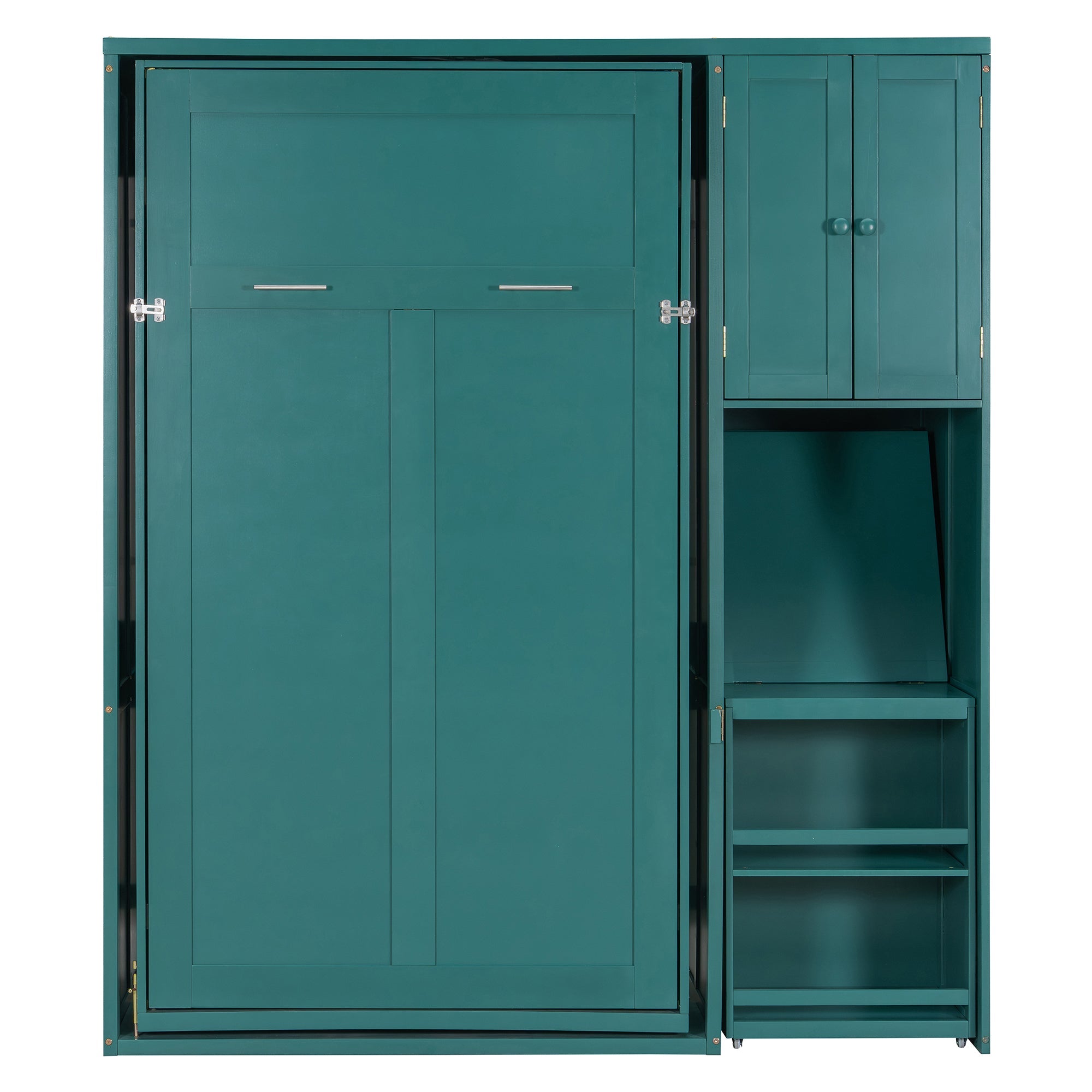 Twin Size Rotating Wall Murphy Beds with Bookshelf, Top Cabinet, Extendable Desk & Side Storage, Teal