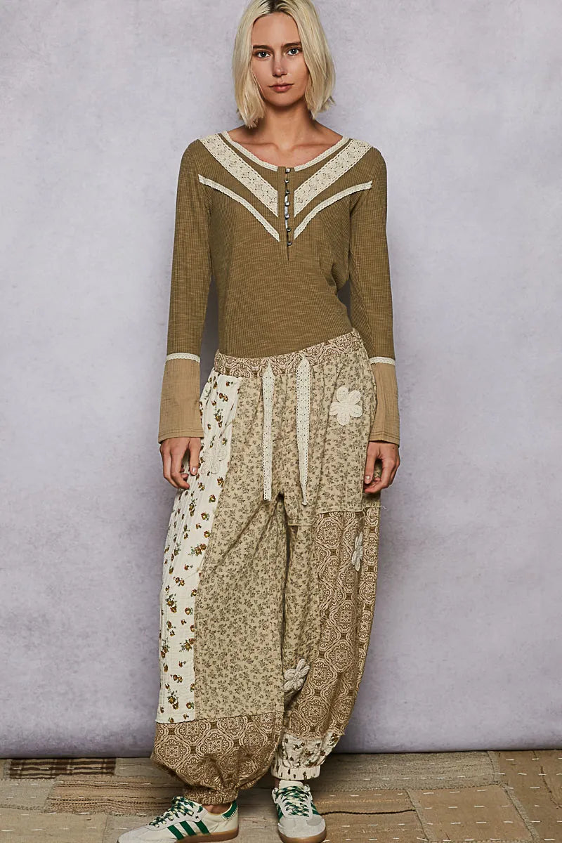 POL Ribbed Half Button Lace Detail Knit Top