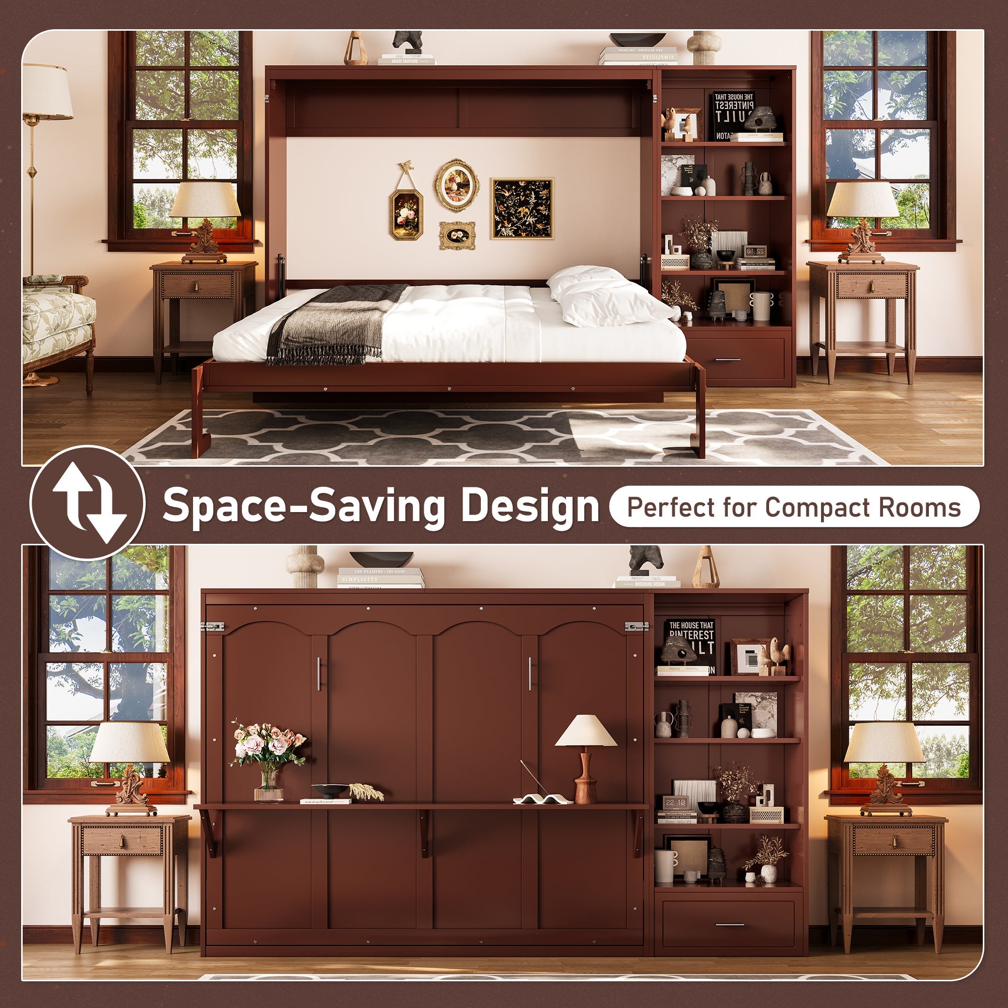 Queen Size Murphy Bed with Height Adjustable Storage Compartments and Shelf, Wall Bed Frame With 1 Drawer, Multifunctional Foldable Platform Bed for Small Space,Bedroom,Guest Room, Walnut