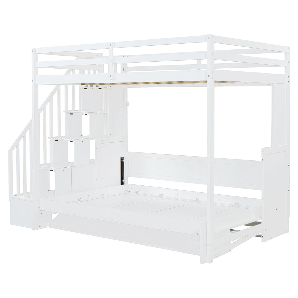 Full Over Full Size Murphy Bed with Hydraulic Lift & Desk Design, White