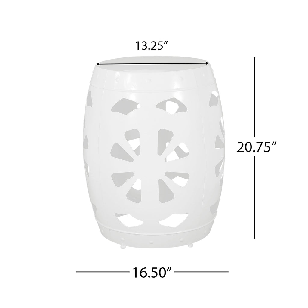 Modern White Metal End Table with Floral Iron Cut Design and Powder-Coated Frame