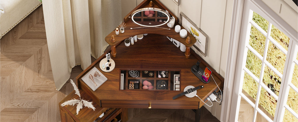 Corner Vanity Desk Set with Storage Cushioned Stool and Charging Station, Triangle Makeup Desk with Removable Pull-Out Side Cabinet, Glass Tabletop Makeup Vanity Desk with Drawer and Shelf, Walnut