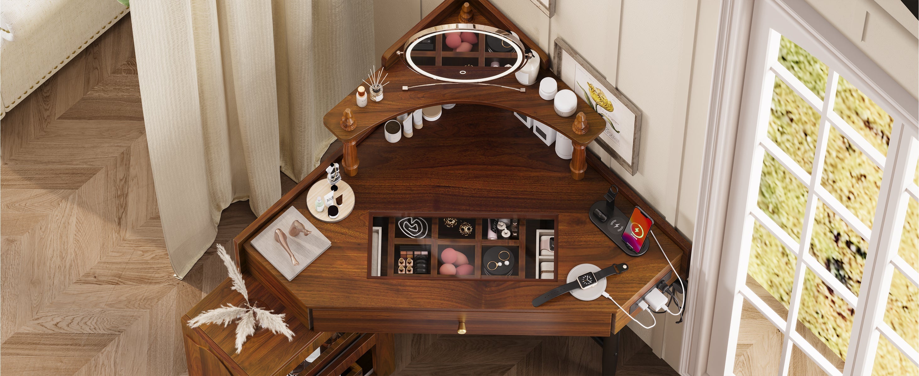 Corner Vanity Desk Set with Storage Cushioned Stool and Charging Station, Triangle Makeup Desk with Removable Pull-Out Side Cabinet, Glass Tabletop Makeup Vanity Desk with Drawer and Shelf, Walnut