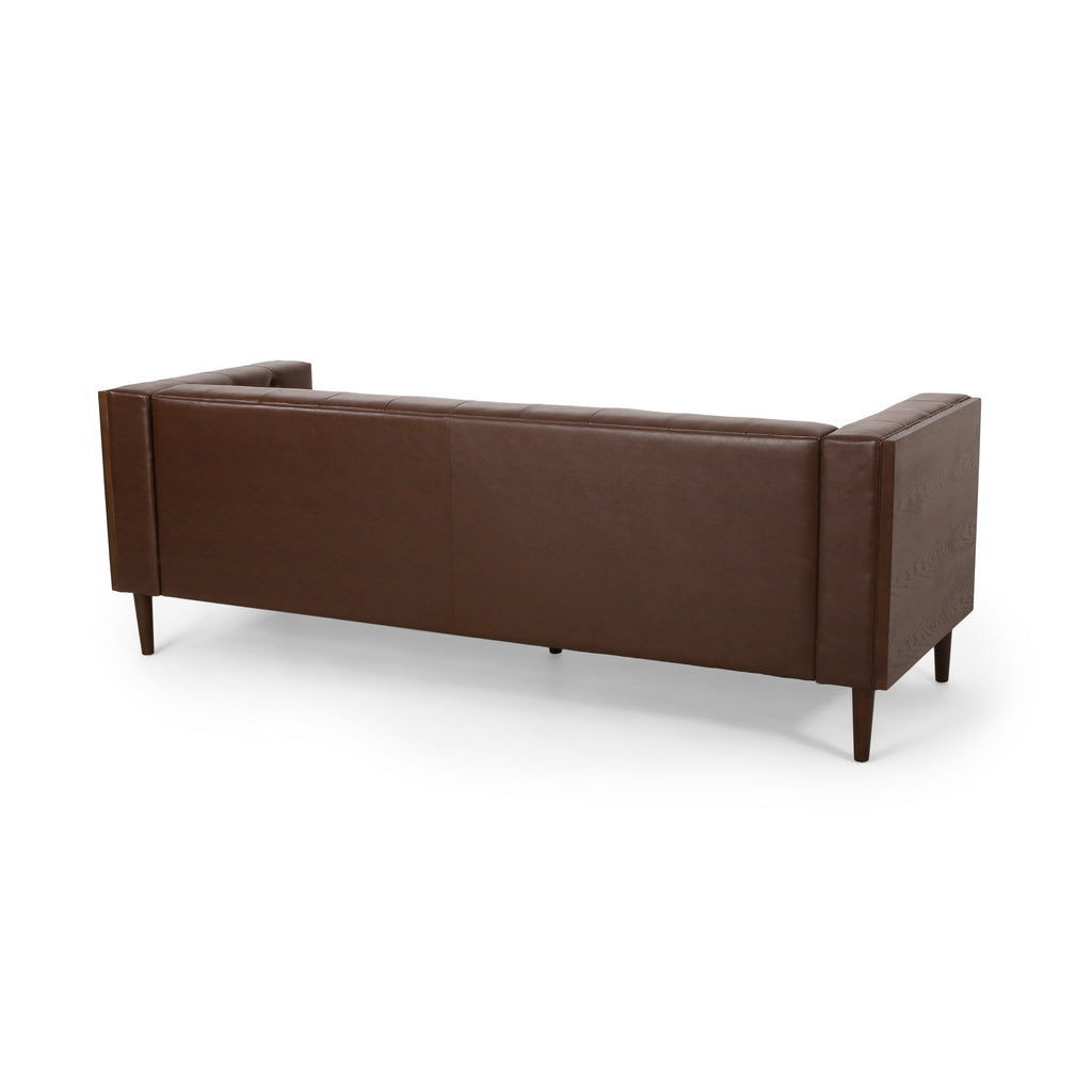 Contemporary 3-Seater Sofa with Tufted Diamond Stitch and Rolled Accent Pillows in Dark Brown PU