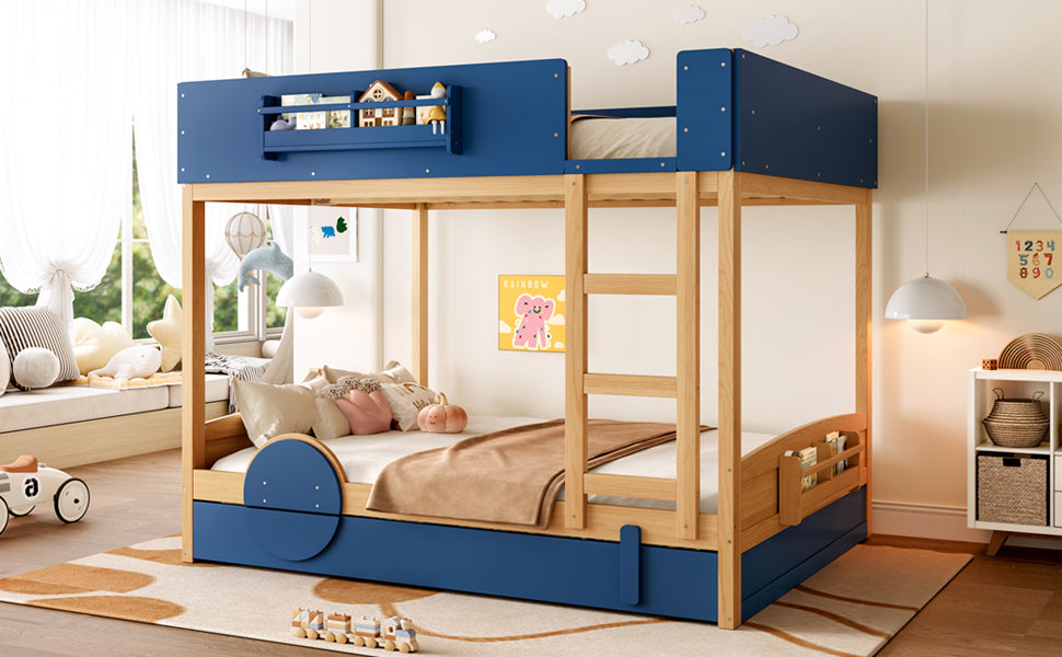 Queen Bunk Bed with Trundle , Wood Bunk Bed Frame with Built-in Bookshelf and High-quality Safety Guardrail,Automobile Form Design for Kids ,Blue＆Natural