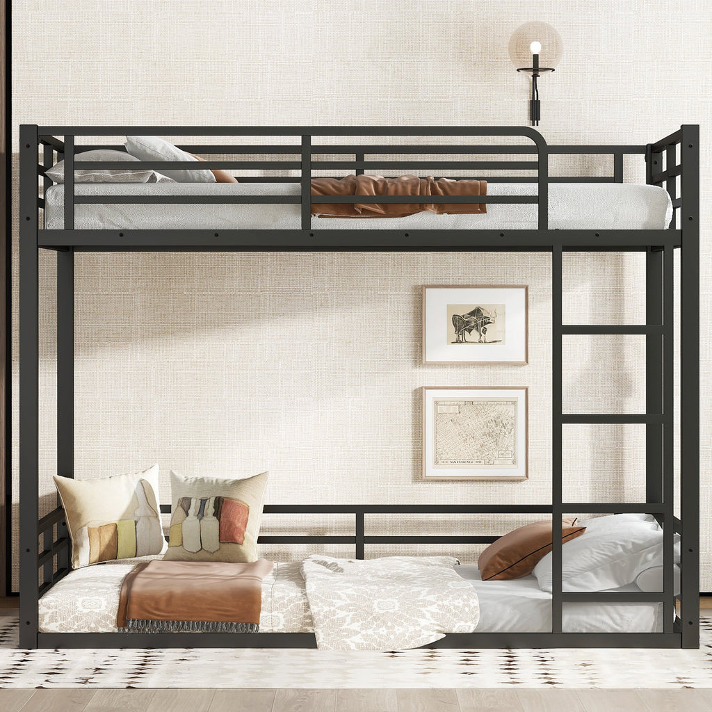 Metal Bunk Bed, Twin XL over Twin XL Floor Bunk Bed Frame, Heavy-Duty Bunk Bed for Kids, Teens, Adults, Noise-reduced Design, Black