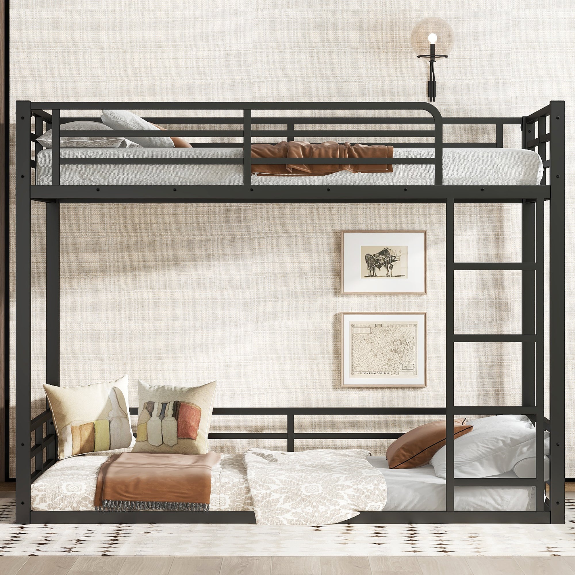 Metal Bunk Bed, Twin XL over Twin XL Floor Bunk Bed Frame, Heavy-Duty Bunk Bed for Kids, Teens, Adults, Noise-reduced Design, Black