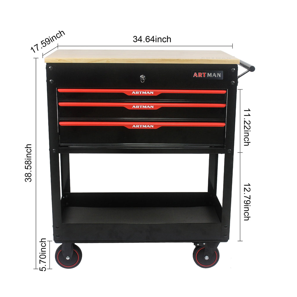 3 DRAWERS MULTIFUNCTIONAL TOOL CART WITH WHEELS AND WOODEN TOP--BLACK&RED