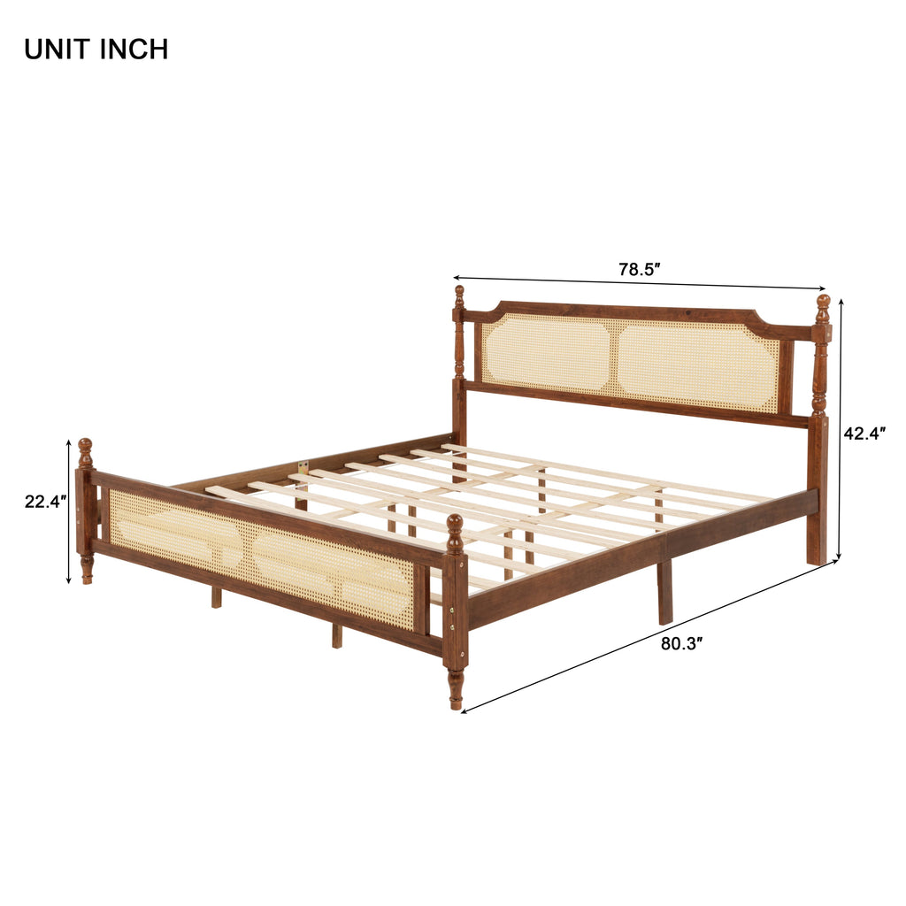 King Pine wooden Bed with Rattan Headboard  and Footboard, with  Central Enhanced Bed Platform,Walnut