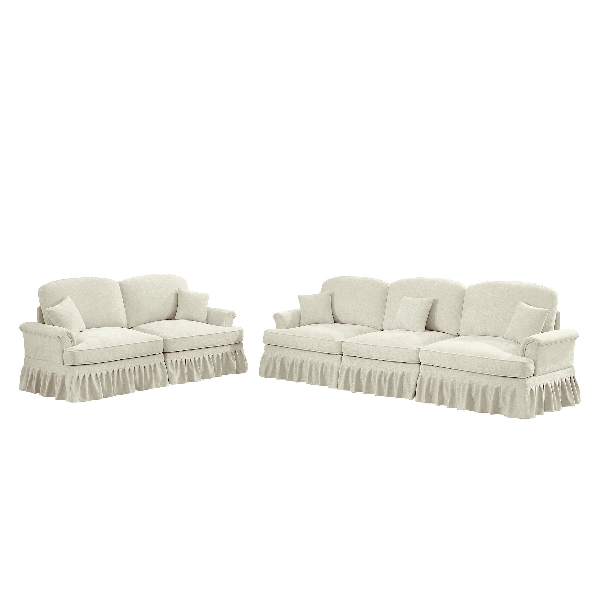Classic 2 Piece Modular Couch Living Room Sofa Set with Flared Arms and Removable Ruffles Pleats Skirts and Spindle Legs, 3 Seater Sofa + 2-Seat Loveseat Sofa Sets for Living Room, Beige White