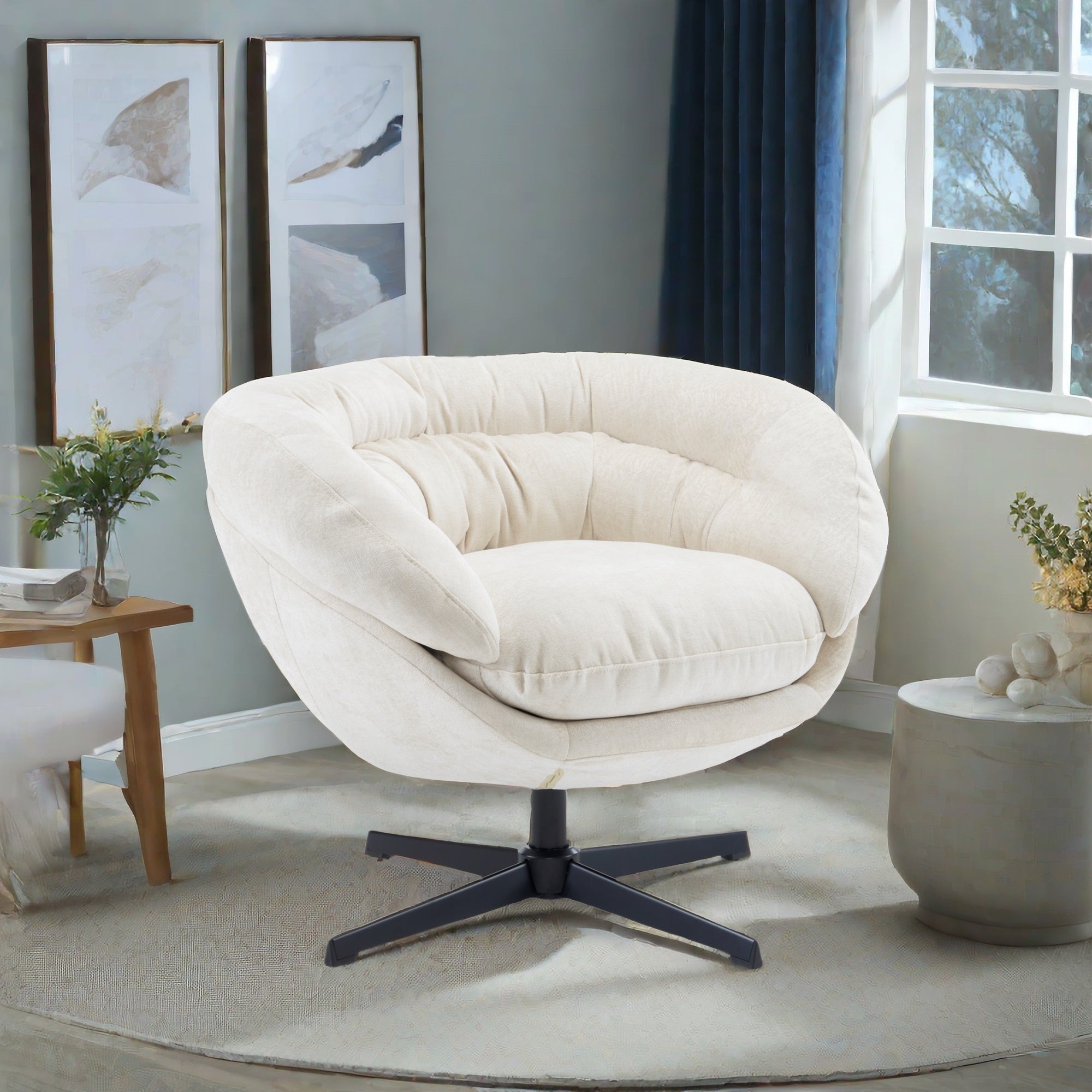 Modern Chenille Office Chair, 360° Swivel Club Chair/Accent Chair with Removable Cushion, Round Office Chair, Black Metal Base, Cotton Material, Living Room, Bedroom, Reading Corner, Office (Beige)