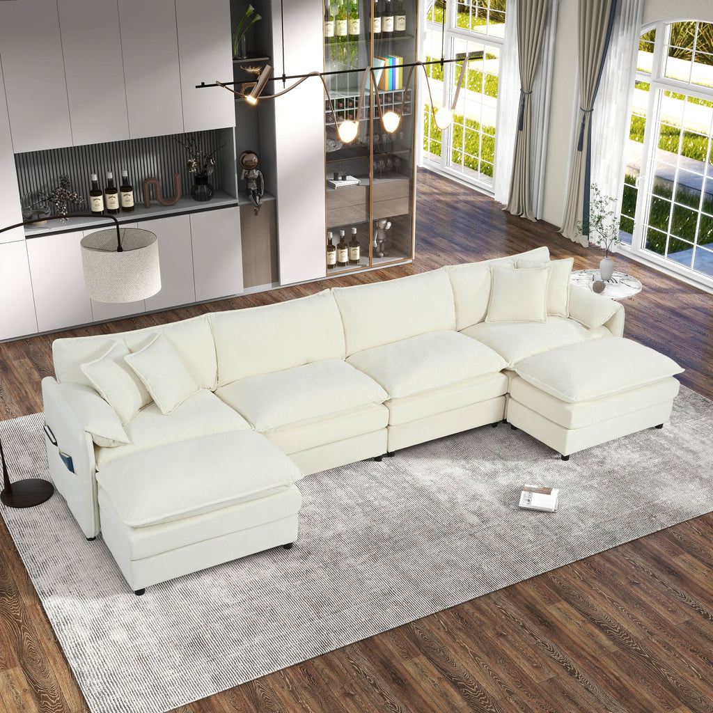 Modular Sectional Sofa, Oversized Deep Seat U Shaped Couch Set for Living Room, 4-Seater Comfy Cloud Couches with 2 Movable Ottomans, DIY Combination, Chenille,Beige