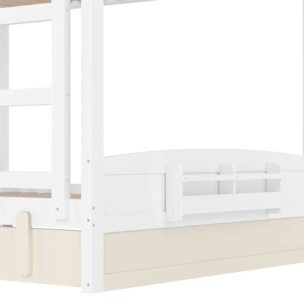 Queen Bunk Bed with Trundle , Wood Bunk Bed Frame with Built-in Bookshelf and High-quality Safety Guardrail,Automobile Form Design for Kids ,White＆ Beige.