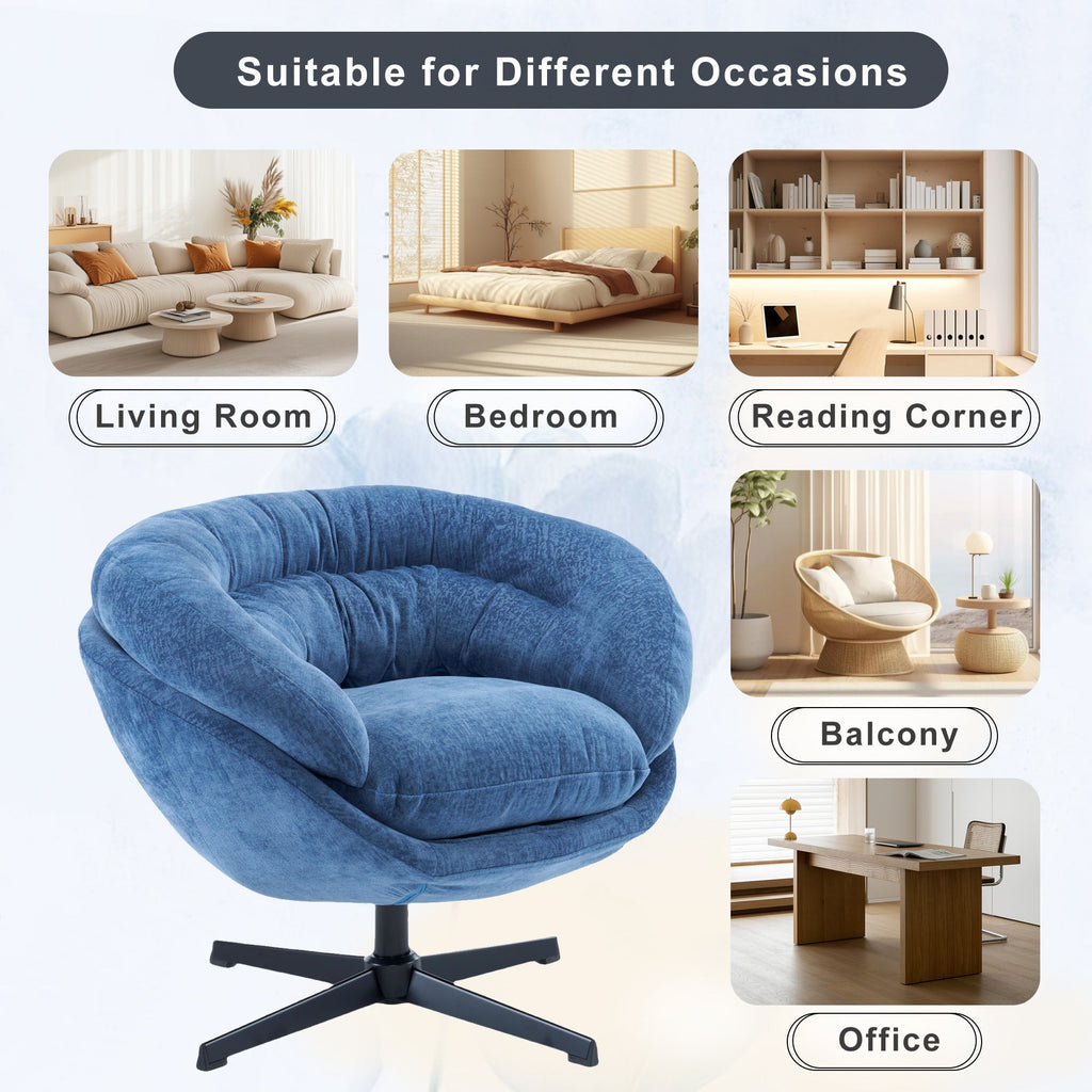 Modern Chenille Office Chair, 360° Swivel Accent Chair with Removable Cushion, Round Office Chair, Black Metal Base, Cotton Material, Living Room, Bedroom, Reading Corner, Office (Navy Blue)