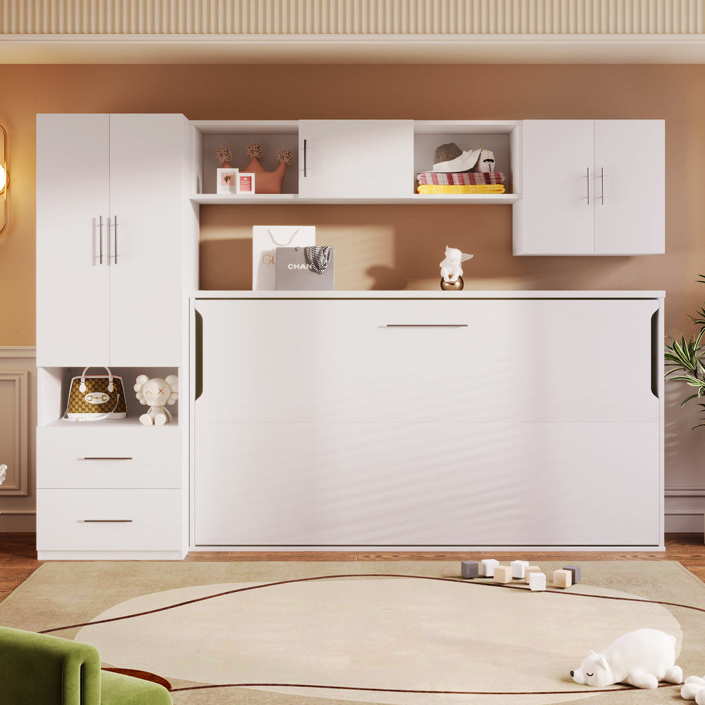Twin Size Murphy Bed with Open Shelves and Storage Drawers,Built-in Wardrobe and Table, White
