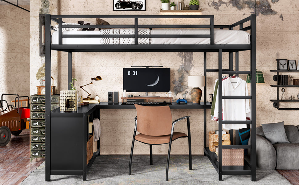 Metal Loft Bed with Wardrobe and L-shaped Desk, Twin XL Size Loft Bed with Storage Cubes and Shelves, Loft Bed for Kids Teens Adults, Black