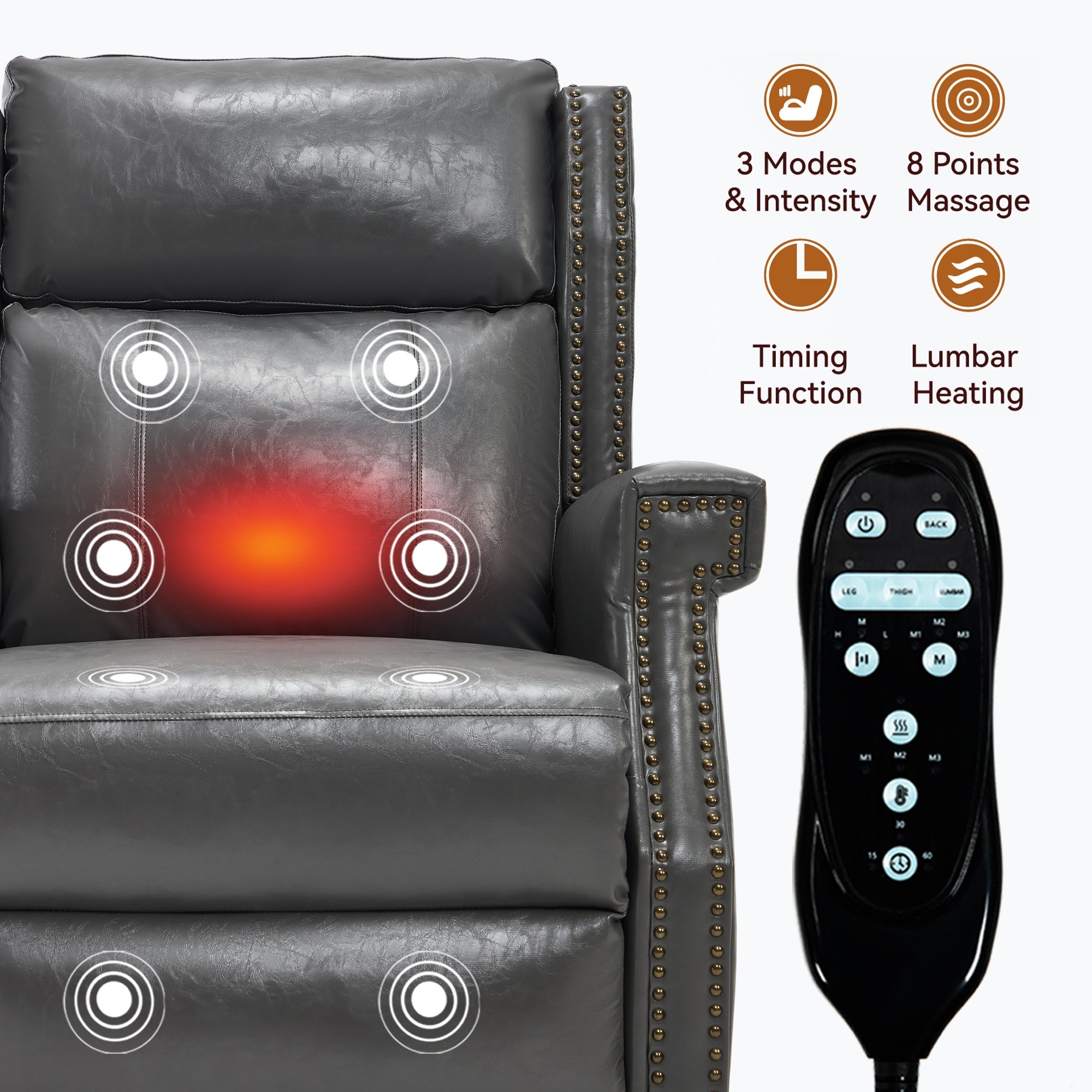 Grey Manual Recliner Chair in Faux Leather for Living Room with Heavy Duty Motion Mechanism, 8 vibrating nodes and 3 massage modes.