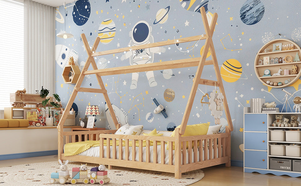 Twin House Bed with Light, Low Floor House Bed with Fence and Roof for Kids Boys Girls,Natural(Expect arrive date 2025/7/20)