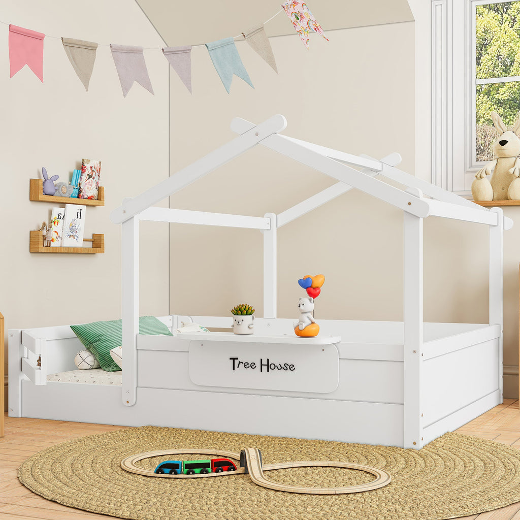 Full Size Floor Bed with Guardrails and Roof, Kids House Floor Bed with a Small Built-in Tray and Free-installed Signboard, Childlike Design, White