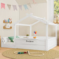 Full Size Floor Bed with Guardrails and Roof, Kids House Floor Bed with a Small Built-in Tray and Free-installed Signboard, Childlike Design, White