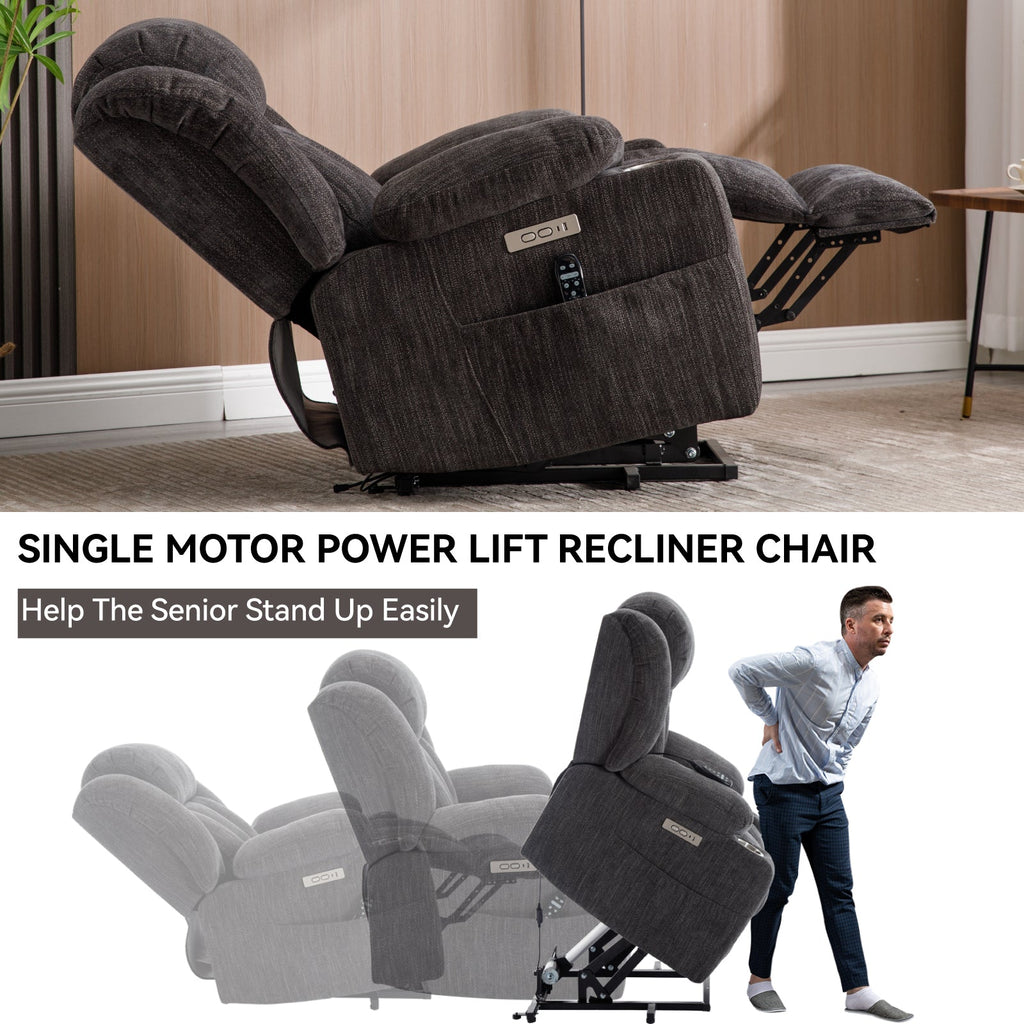 Up to 350 LBS Chenille Power Lift Recliner Chair, Heavy Duty Motion Mechanism with 8-Point Vibration Massage and Lumbar Heating, USB and Type-C Ports, Stainless Steel Cup Holders, Grey