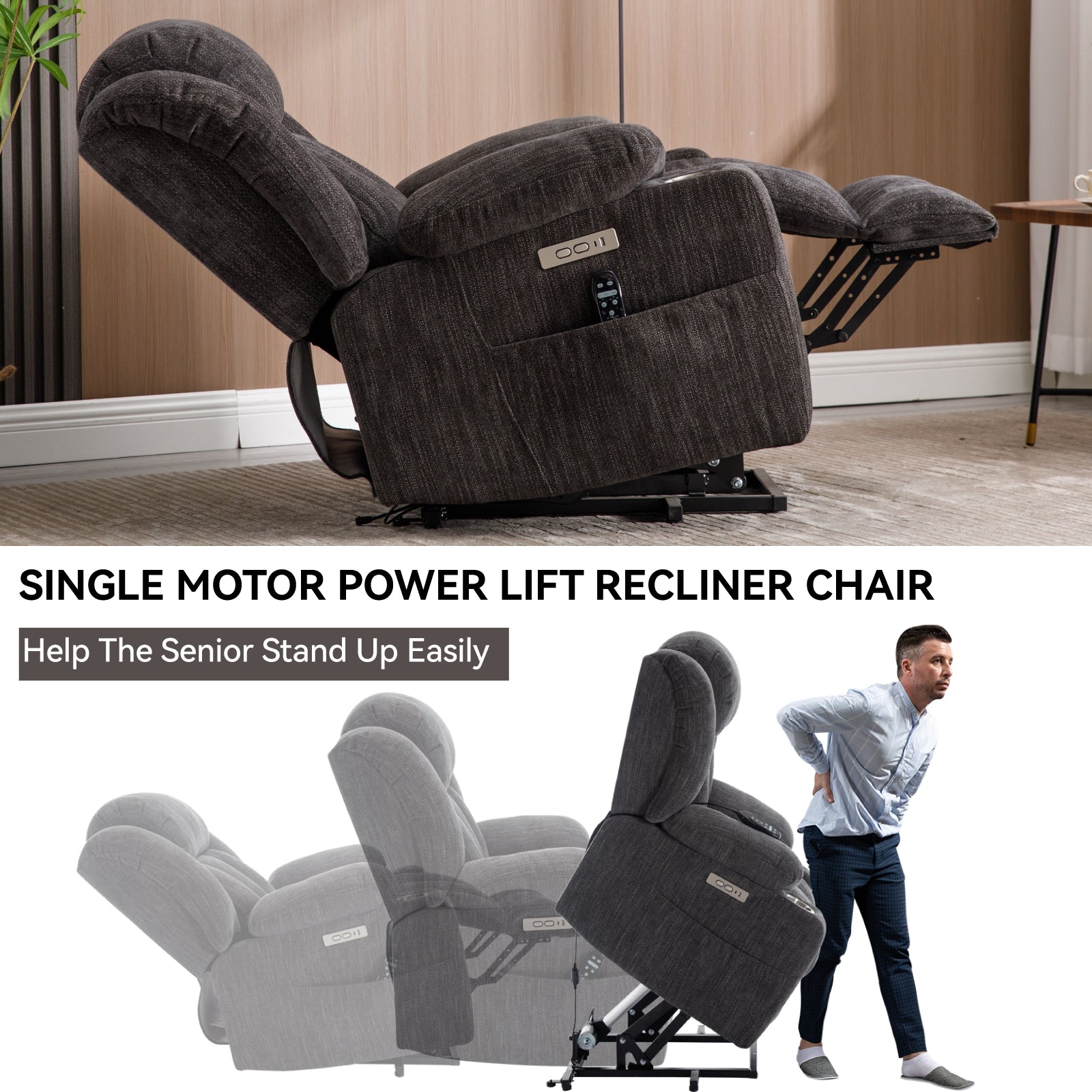 Up to 350 LBS Chenille Power Lift Recliner Chair, Heavy Duty Motion Mechanism with 8-Point Vibration Massage and Lumbar Heating, USB and Type-C Ports, Stainless Steel Cup Holders, Grey
