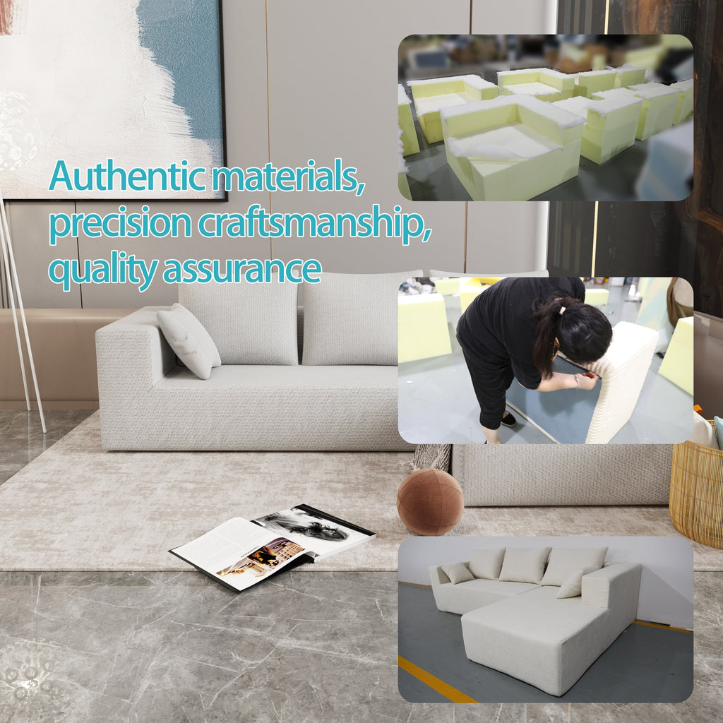 Combination sofa and sofa bed on the right corner, made of high-density sponge and soft linen fabric, with multiple combination methods (beige)