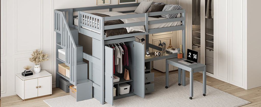 Full Size Loft Bed with Stairs, Bookshelf, Drawers, Desk & Wardrobe – Space-Saving Multifunctional Furniture for Kids & Teens-Gray