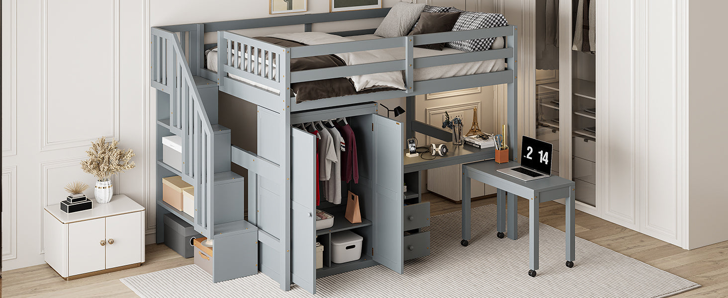 Full Size Loft Bed with Stairs, Bookshelf, Drawers, Desk & Wardrobe – Space-Saving Multifunctional Furniture for Kids & Teens-Gray