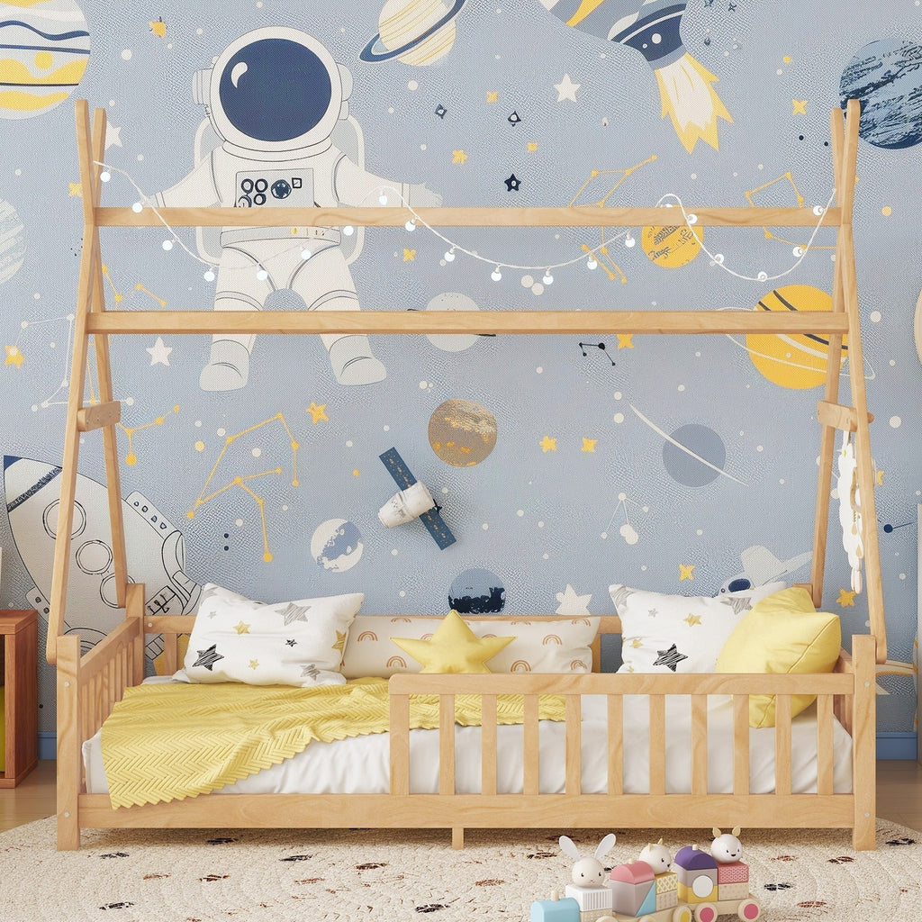 Twin House Bed with Light, Low Floor House Bed with Fence and Roof for Kids Boys Girls,Natural(Expect arrive date 2025/7/20)