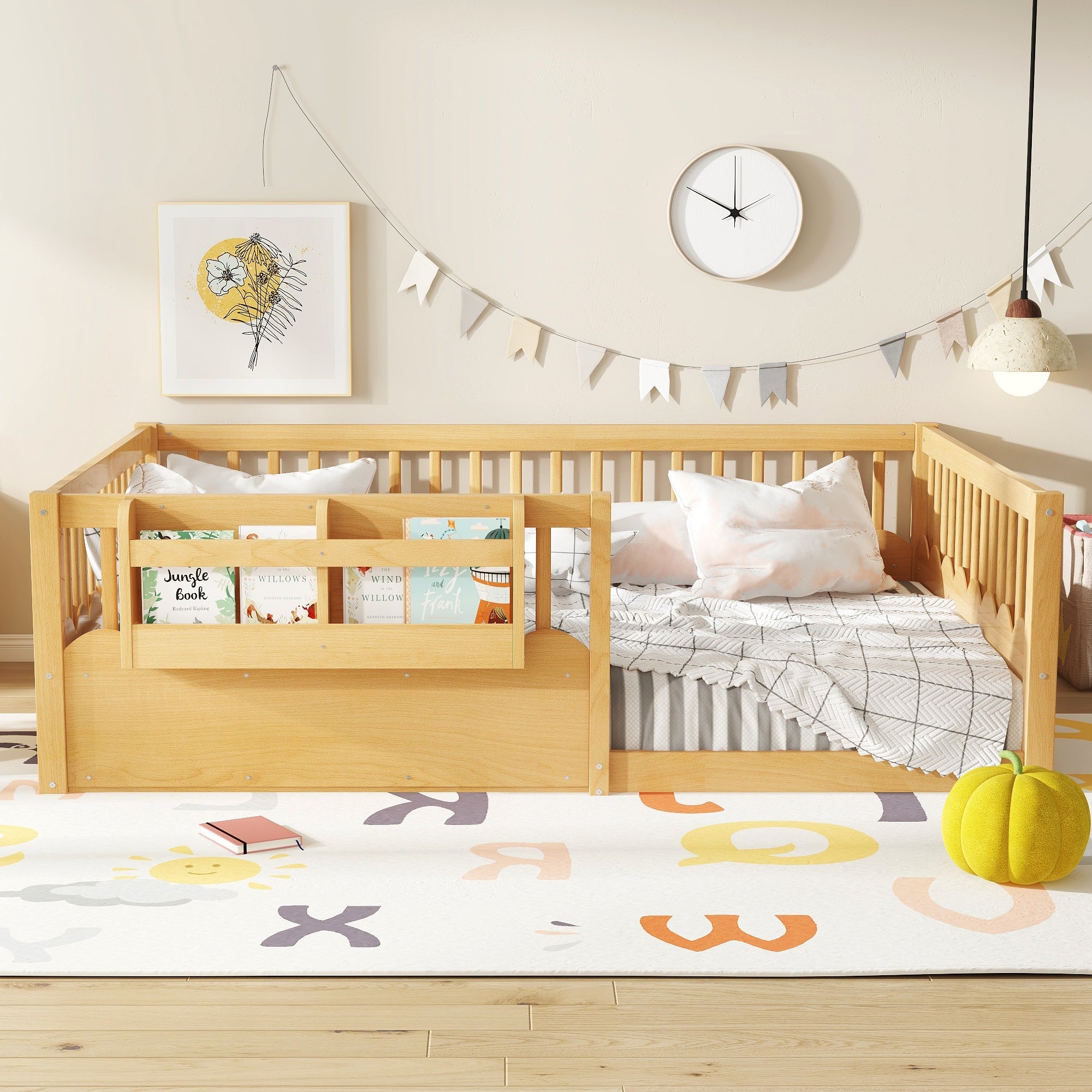 Full Floor bed with Heightened Fence and bookshelf ,Wood Floor Bed for Kids,Natural.