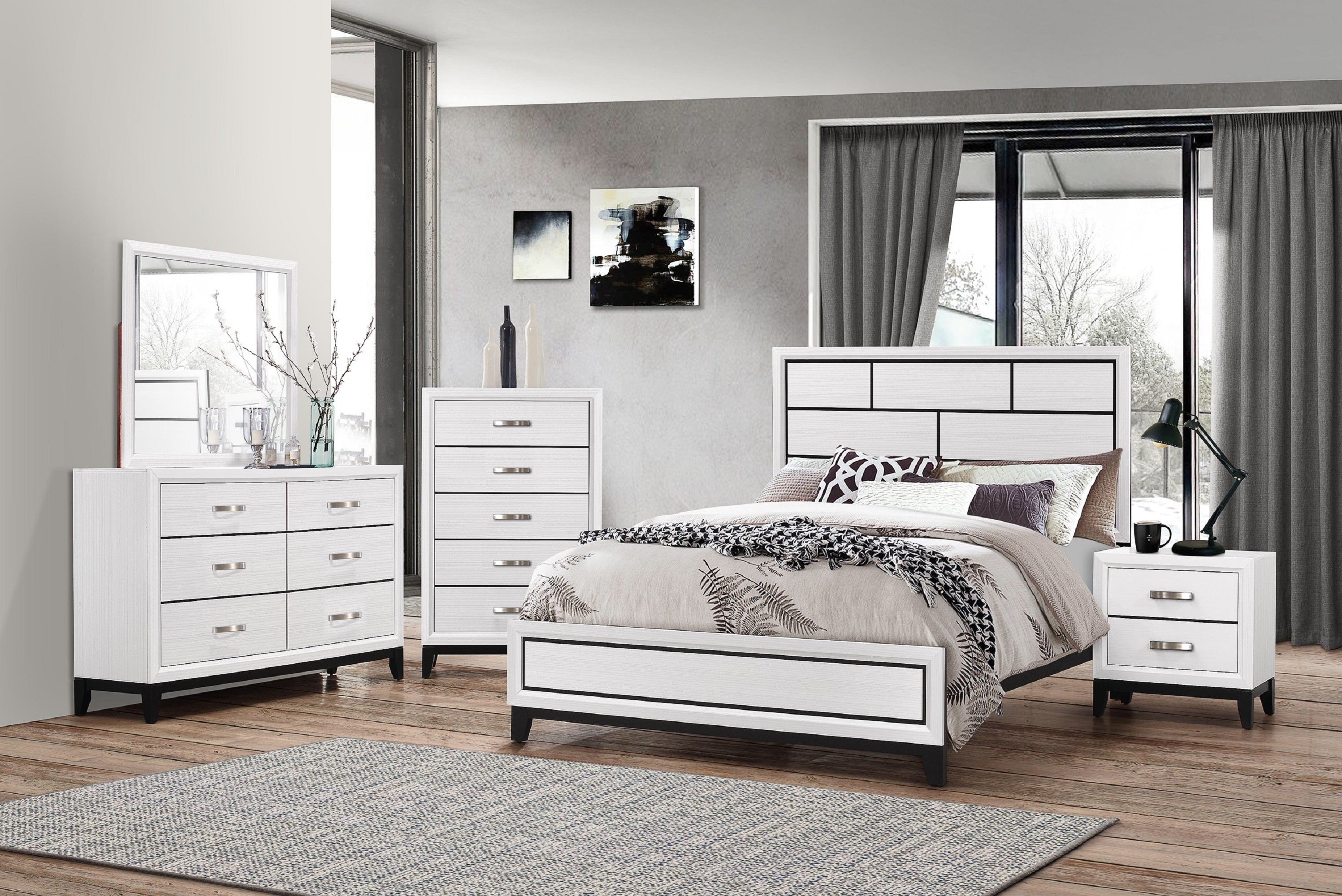 Cotemporary White Finish Queen Size Panel Low-profile Bed Geometric Design Wooden Bedroom Furniture
