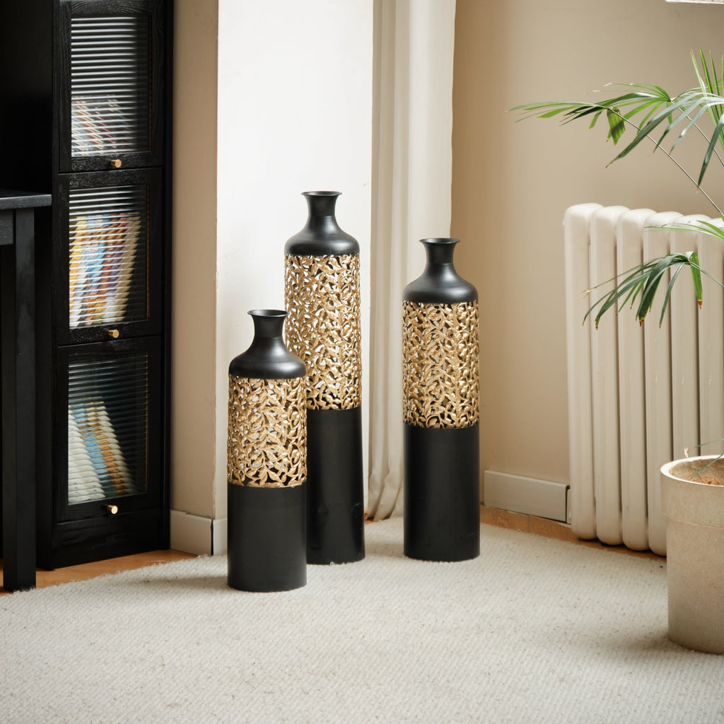 Floor Metal Vases Decorated White Metal Vases Set of 3 Gorgeous Home Decoration Large Glazed Metal Vases 20.8in/24.8in/28.7in Height