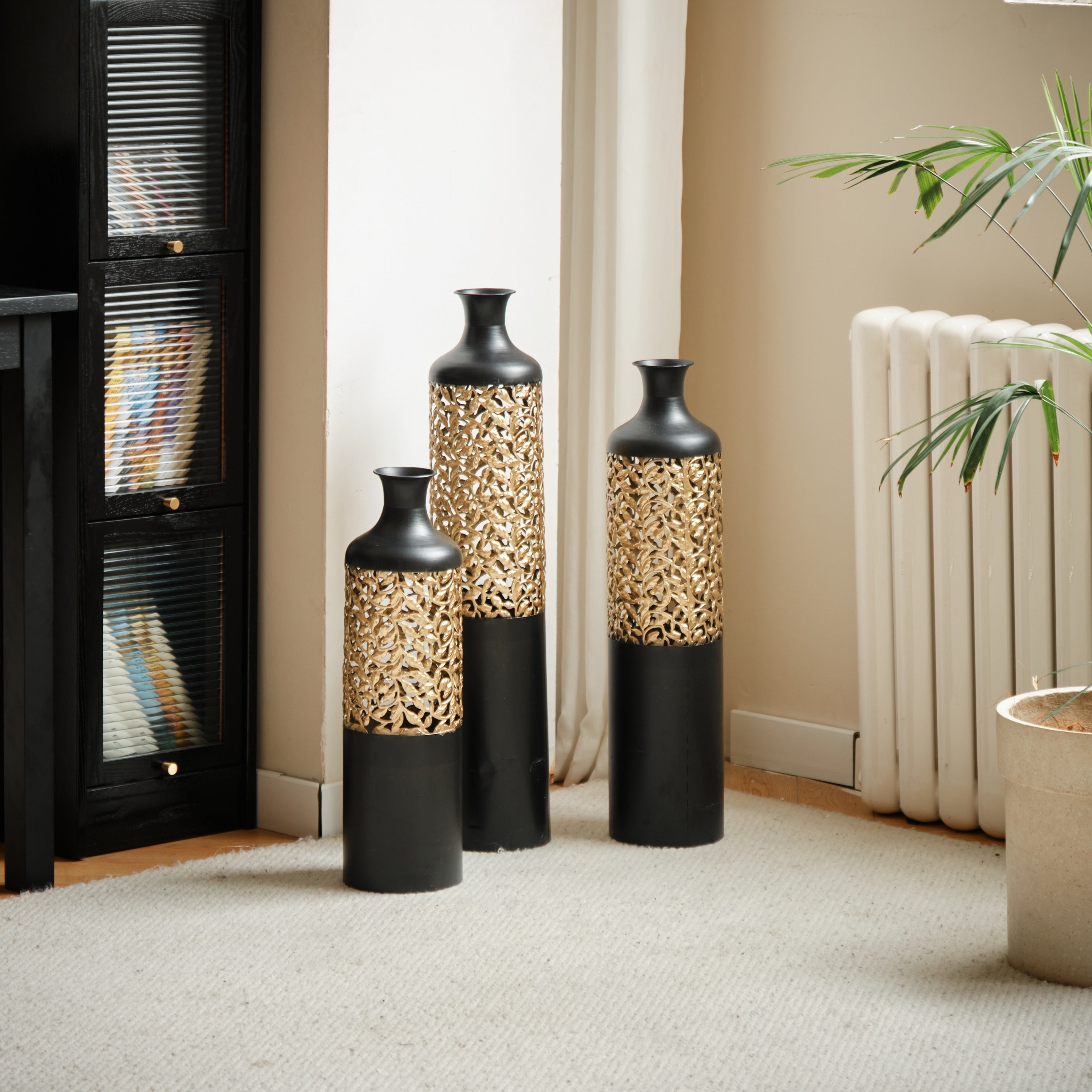 Floor Metal Vases Decorated White Metal Vases Set of 3 Gorgeous Home Decoration Large Glazed Metal Vases 20.8in/24.8in/28.7in Height