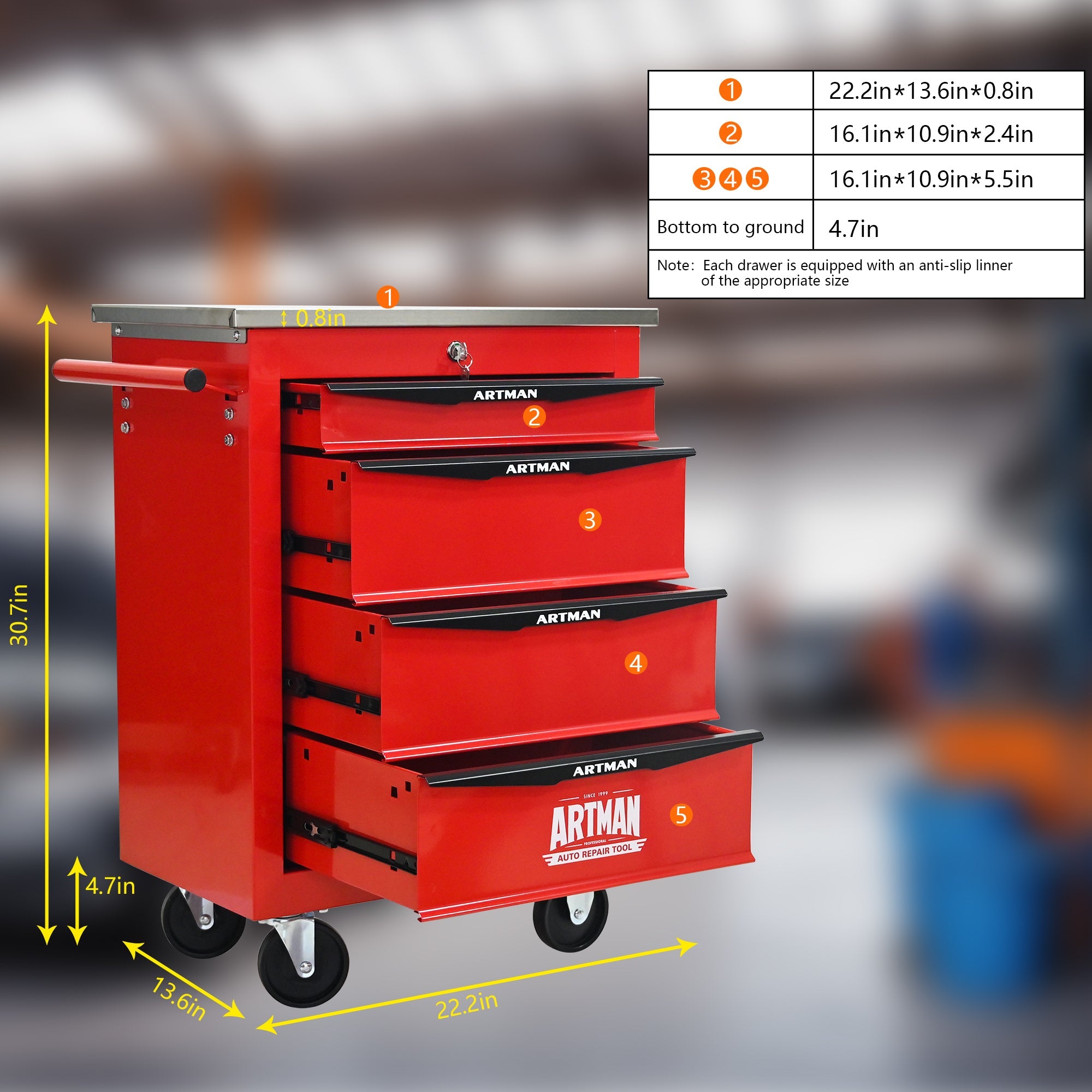 4 Drawers Multifunctional Tool Cart with Wheels,Metal Rolling Tool Cart Storage for Garage Workshop Warehouse Repair Shop--With  Stainless Steel Roof- Red&Black