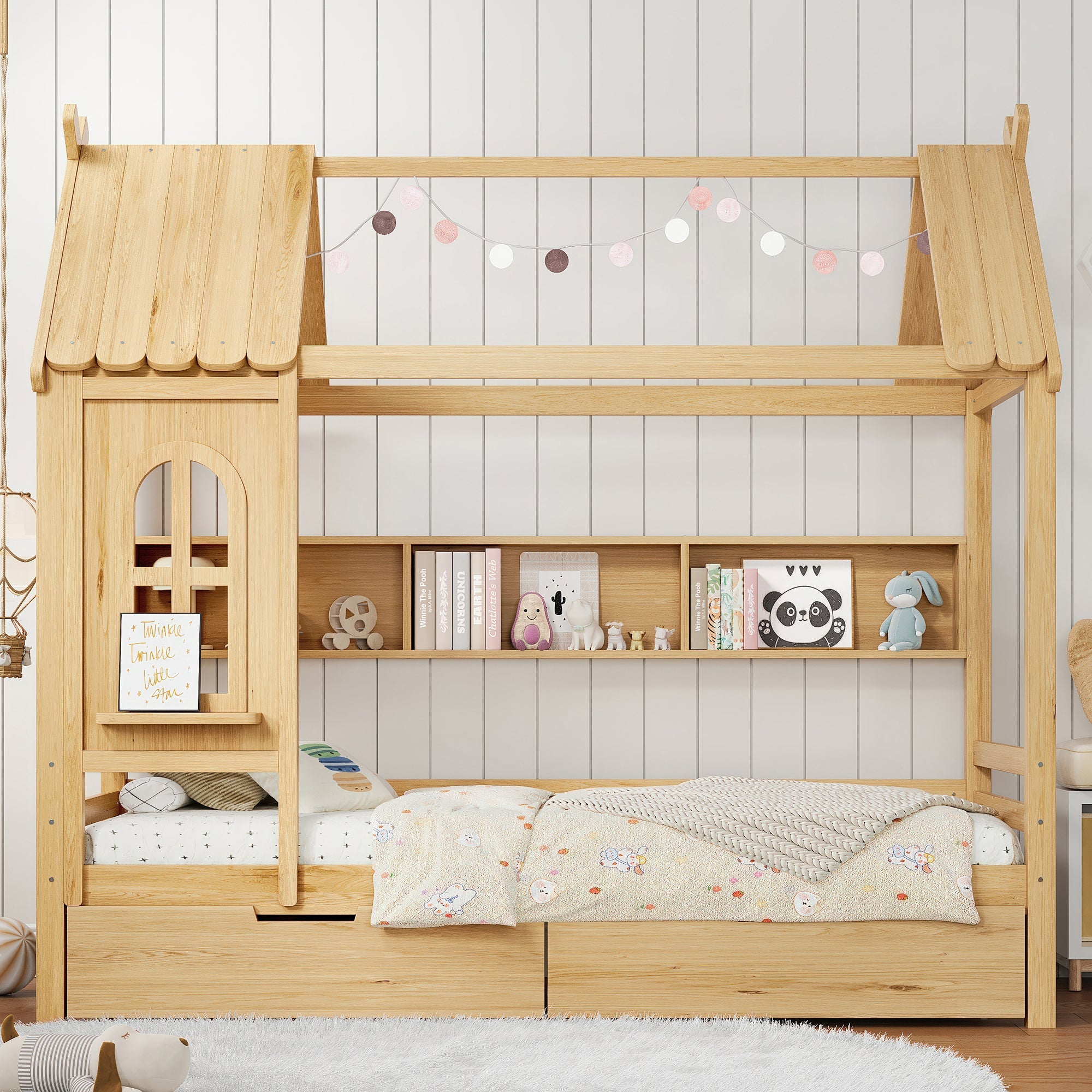 Twin house Beds with Storage Drawers and Window, Solid Wood House Platform Bed Frame with shelves, for Kids, Girls, Boys, No Spring Box Needed and Childlike Design, Natural