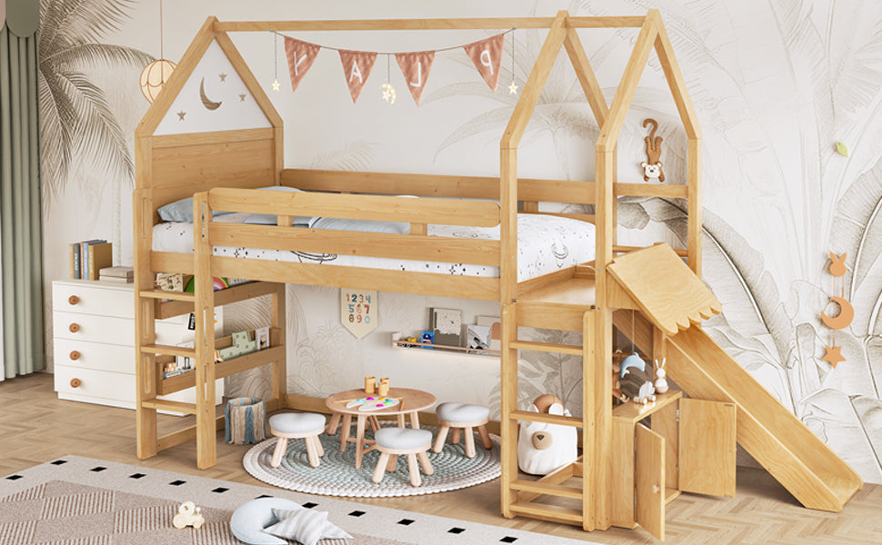 Twin Size Loft Bed with Bookshelf Playful Design for Kids House-Shaped Structure with Slide High-Quality Safety Rails,Natural