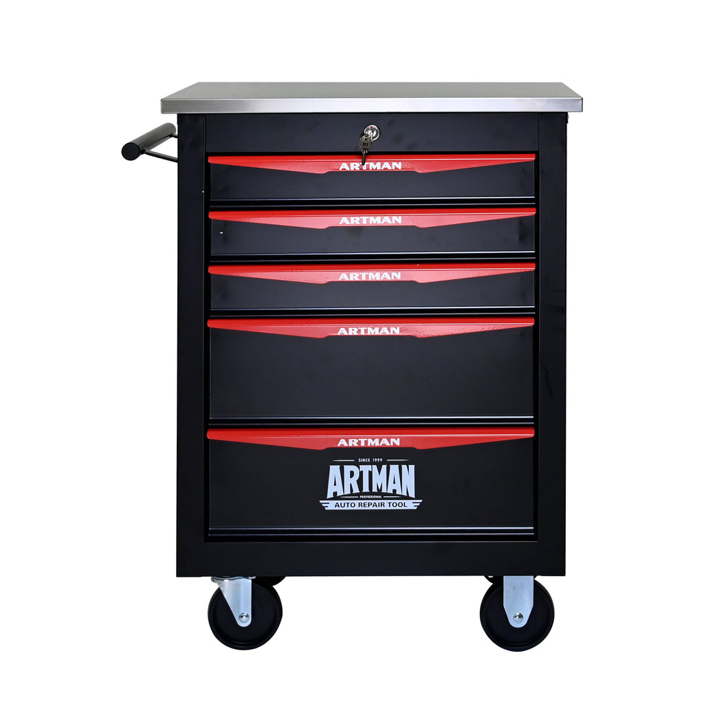 5-Drawer Multifunctional Tool Cart with Wheels, Metal Rolling Tool Cart Storage for Garage Workshop Warehouse Repair Shop - with Stainless Steel Roof - Black & Red