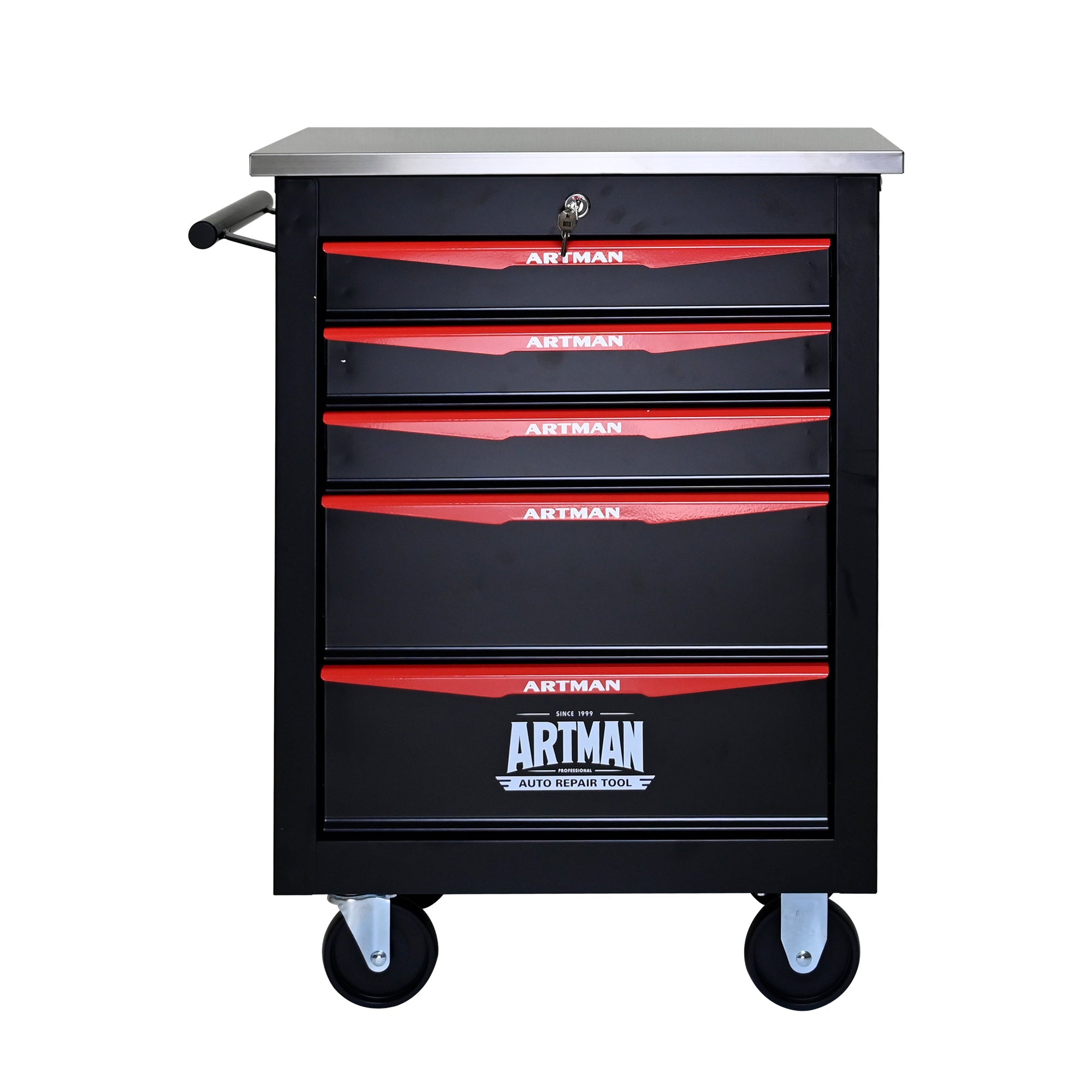 5-Drawer Multifunctional Tool Cart with Wheels, Metal Rolling Tool Cart Storage for Garage Workshop Warehouse Repair Shop - with Stainless Steel Roof - Black & Red
