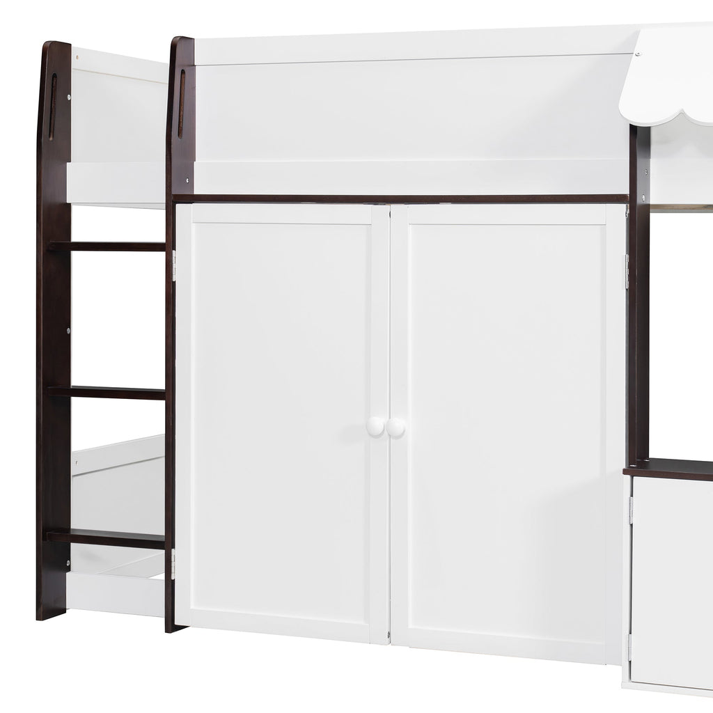 Full Loft House Bed with Playhouse & Storage, Modern Wood Cabin Bed for Kids/Teens, White+Espresso