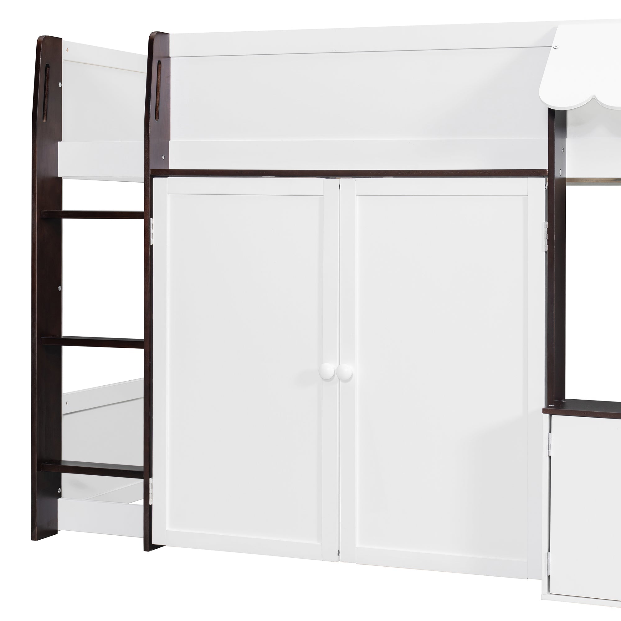 Full Loft House Bed with Playhouse & Storage, Modern Wood Cabin Bed for Kids/Teens, White+Espresso