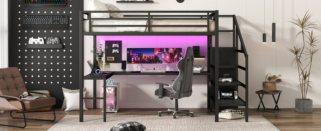 Queen Size Loft Bed with L-shaped Desk and USB, Metal Loft Bed with Wardrobe and Adjustable Shelf, High Loft Bed with LED for Kids Teens Adults, Black