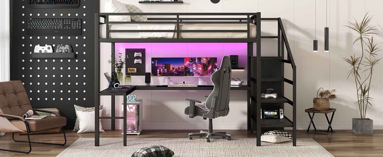 Queen Size Loft Bed with L-shaped Desk and USB, Metal Loft Bed with Wardrobe and Adjustable Shelf, High Loft Bed with LED for Kids Teens Adults, Black